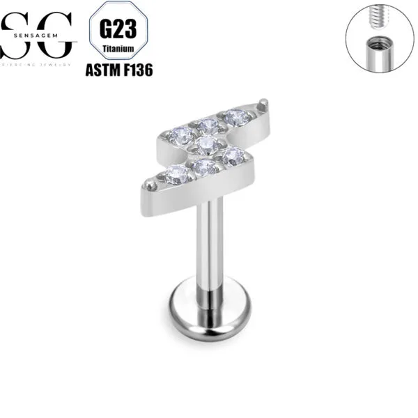 SG4118 F136 Titanium Threaded Labrets with Lightning Design – Lip Piercing Jewelry with Diamond Zircon2