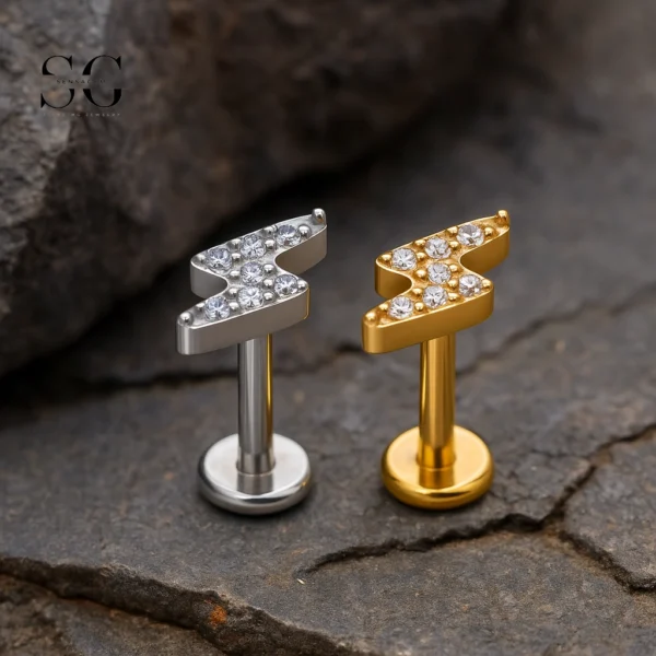 SG4118 F136 Titanium Threaded Labrets with Lightning Design – Lip Piercing Jewelry with Diamond Zircon