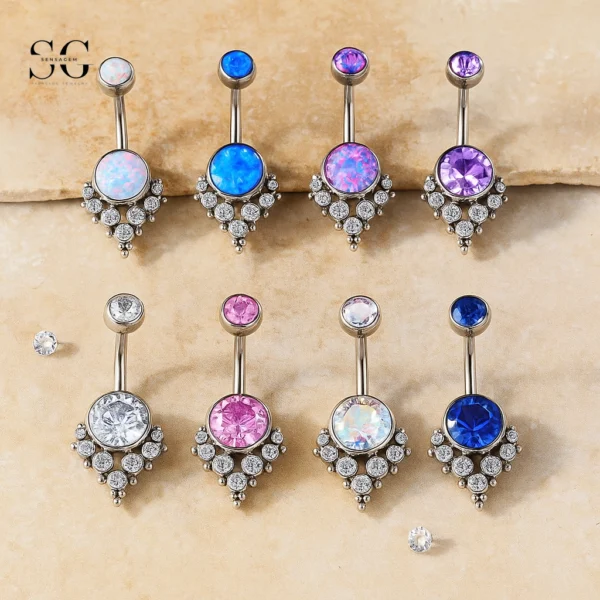 Sensagem SG6055 G23 Titanium Dangle Belly Button Ring with Opal & Zircon Gemstone Drop