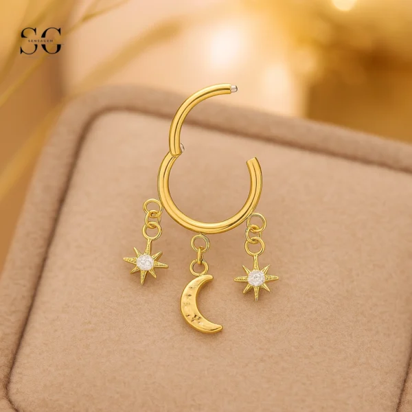 SGYS2008 - F136 Titanium Segment Clicker Ring with Star and Moon Pendant for Septum Piercings - Image 2