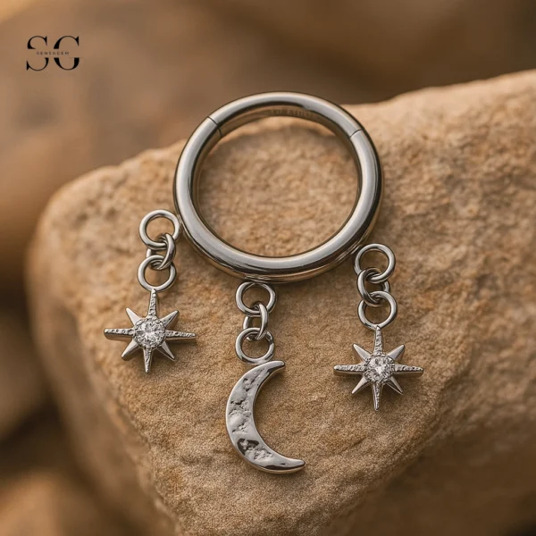 SGYS2008 - F136 Titanium Segment Clicker Ring with Star and Moon Pendant for Septum Piercings