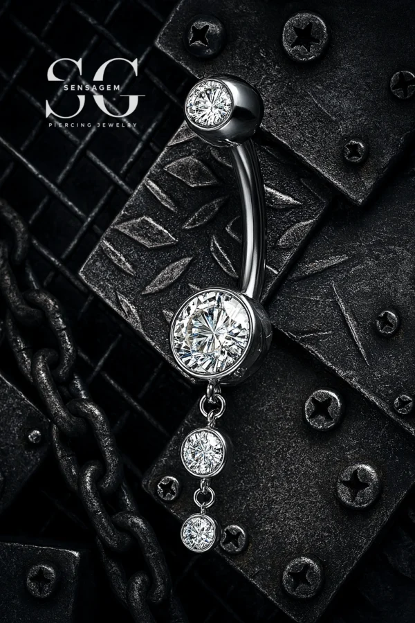 SGYS5004 - Four Zircon Pendant Belly Ring - Image 3