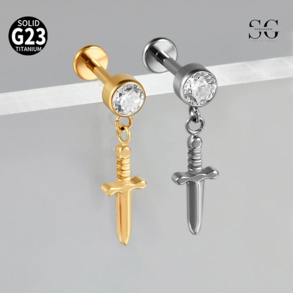 SG4001 Threaded Labrets with Sword Pendant - F136 Titanium Piercing Jewelry