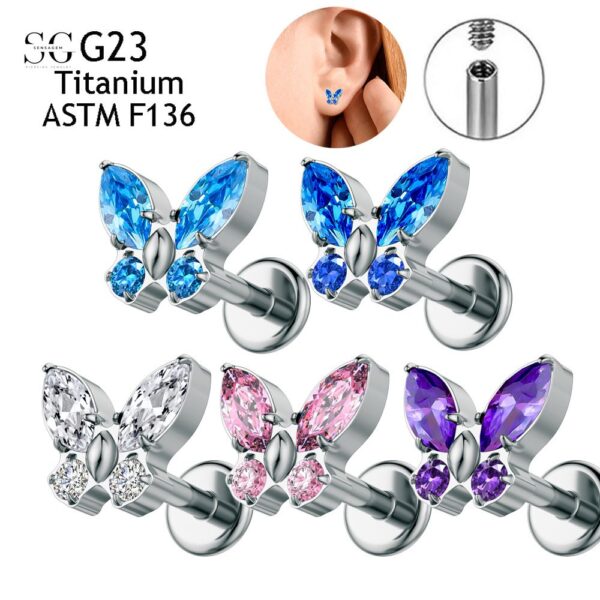 SG4002 Threaded Labrets with G23 Titanium Butterfly Nose Stud and 5A Zircon Stones