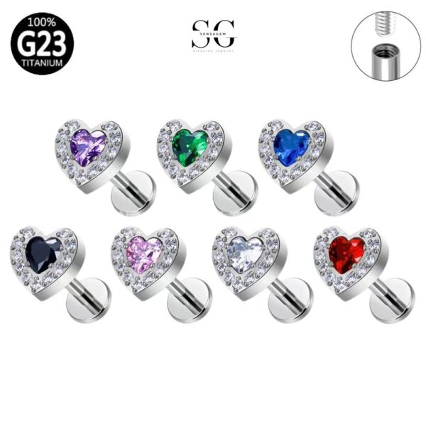 SG4003 F136 Titanium Labret Piercing Stud – Threaded Heart Design with Zirconia