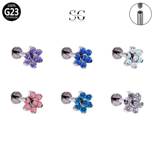 SG4010 Wholesale Piercing Jewelry – G23 Titanium 7-Stone Flower Threaded Labret