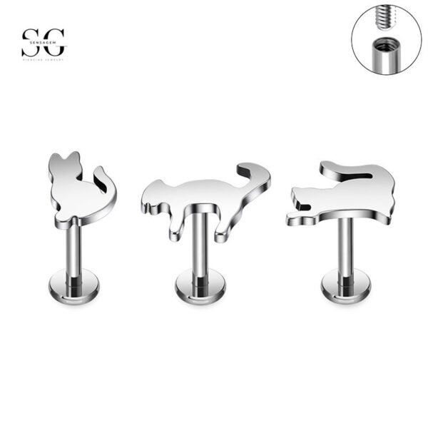 SG4034 F136 Titanium Cat-Shaped Threaded Labrets – Unique Piercing Jewelry