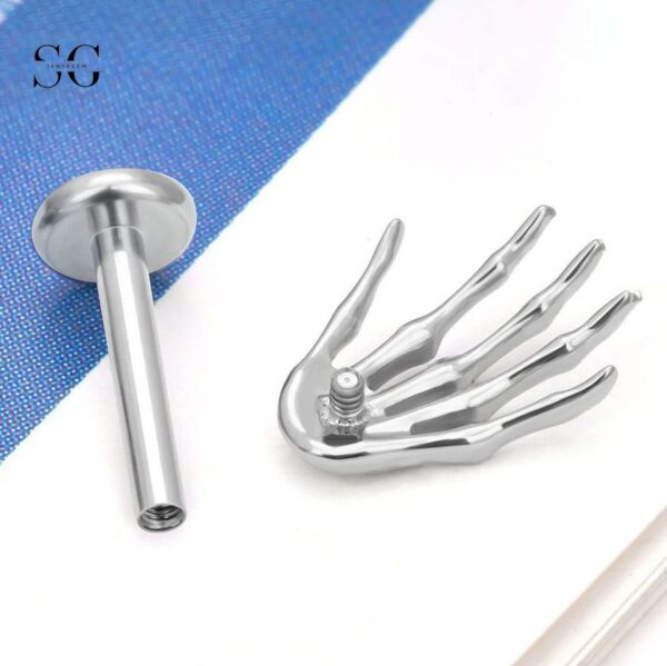 SG4035 F136 Titanium Threaded Labrets with Hand Design – Unique Piercing Jewelry - Image 2