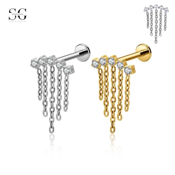 SG9002 G23 Titanium Dangle Chain Earrings with Zircon – Hypoallergenic Threaded Piercing Jewelry