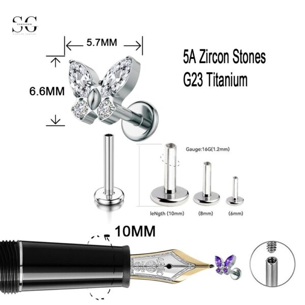 SG4002 Threaded Labrets with G23 Titanium Butterfly Nose Stud and 5A Zircon Stones - Image 7