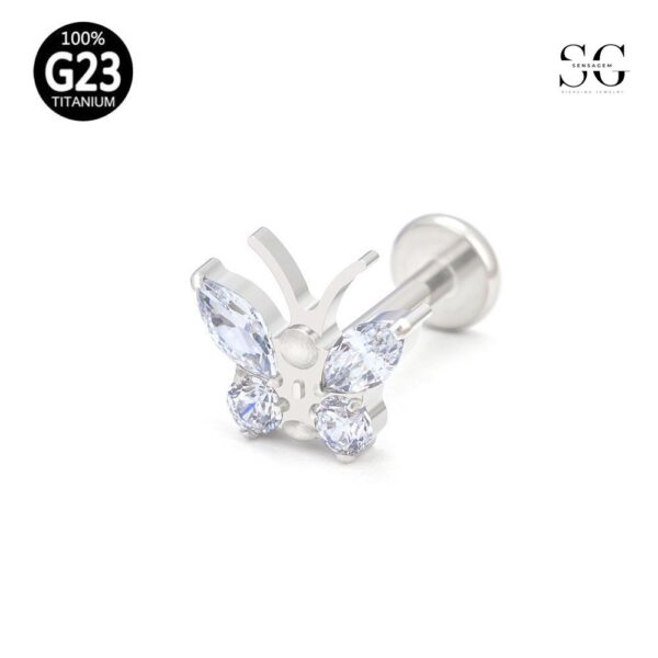 SG4029 F136 Titanium Threaded Labrets – Butterfly Design with White Zircon - Image 2