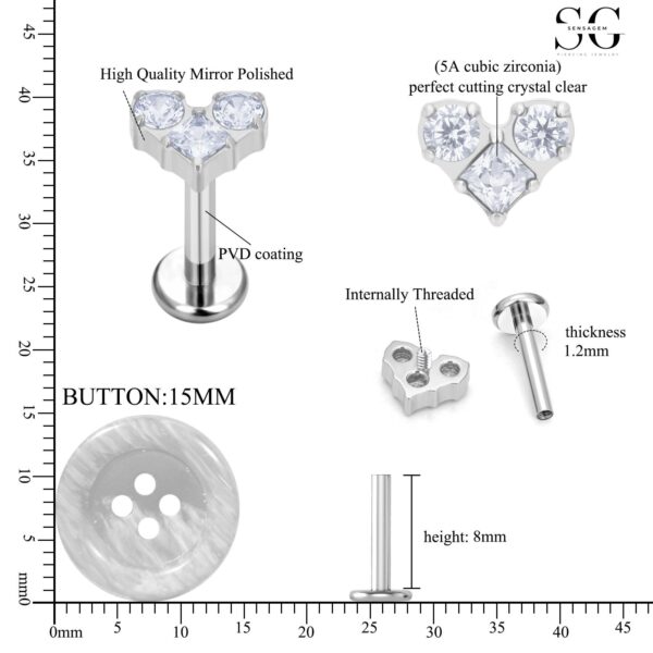 SG4033 F136 Titanium Threaded Labrets with Multicolor Zircons – Premium Labret Studs - Image 3