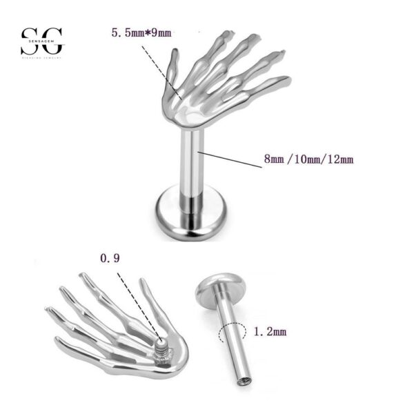 SG4035 F136 Titanium Threaded Labrets with Hand Design – Unique Piercing Jewelry - Image 3