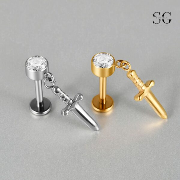 SG4001 Threaded Labrets with Sword Pendant - F136 Titanium Piercing Jewelry - Image 4