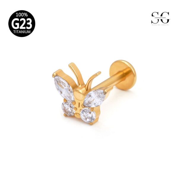 SG4029 F136 Titanium Threaded Labrets – Butterfly Design with White Zircon