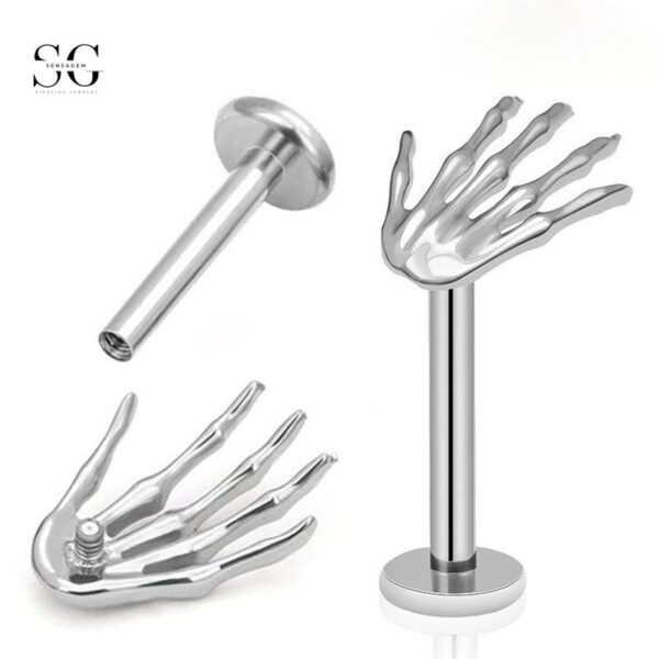 SG4035 F136 Titanium Threaded Labrets with Hand Design – Unique Piercing Jewelry - Image 4