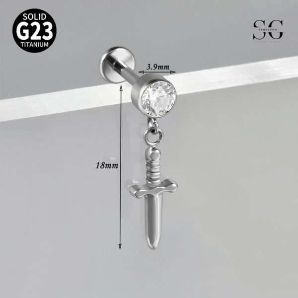 SG4001 Threaded Labrets with Sword Pendant - F136 Titanium Piercing Jewelry - Image 3