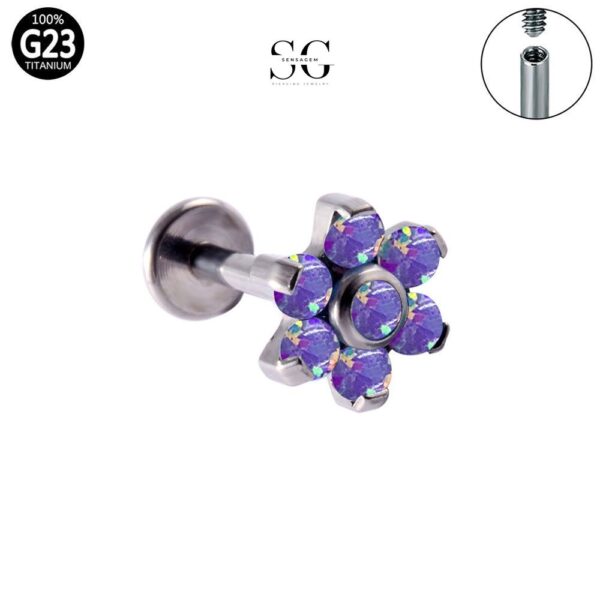 SG4010 Wholesale Piercing Jewelry – G23 Titanium 7-Stone Flower Threaded Labret - Image 4