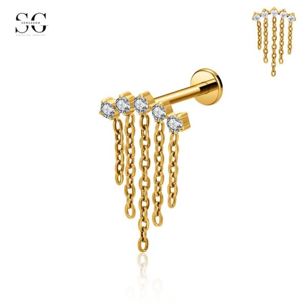 SG9002 G23 Titanium Dangle Chain Earrings with Zircon – Hypoallergenic Threaded Piercing Jewelry - Image 3