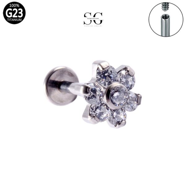 SG4010 Wholesale Piercing Jewelry – G23 Titanium 7-Stone Flower Threaded Labret - Image 5