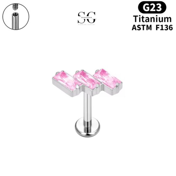 SG4043 F136 Titanium Threaded Labrets with Three Square Zircon Stones – Implant-Grade Piercing Jewelry - Image 3