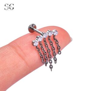 SG9002 G23 Titanium Dangle Chain Earrings with Zircon – Hypoallergenic Threaded Piercing Jewelry