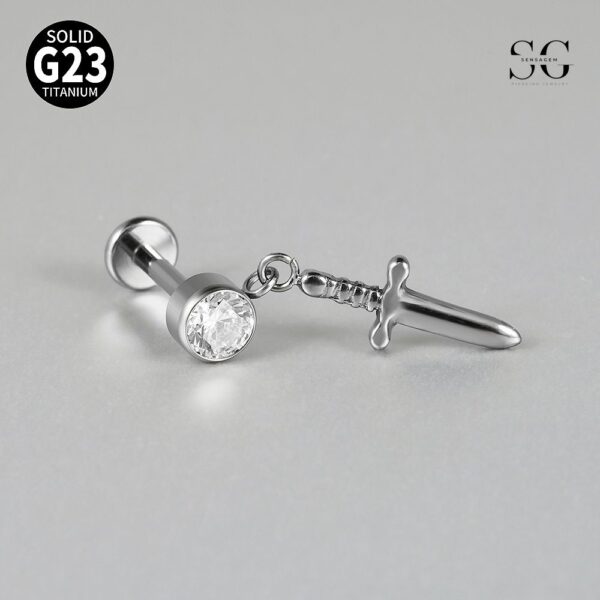 SG4001 Threaded Labrets with Sword Pendant - F136 Titanium Piercing Jewelry - Image 2