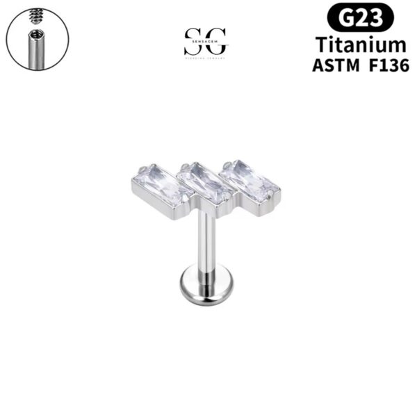 SG4043 F136 Titanium Threaded Labrets with Three Square Zircon Stones – Implant-Grade Piercing Jewelry - Image 5