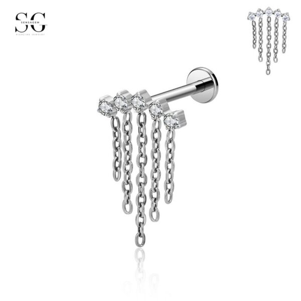 SG9002 G23 Titanium Dangle Chain Earrings with Zircon – Hypoallergenic Threaded Piercing Jewelry - Image 6