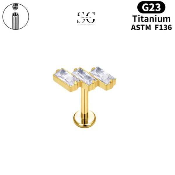 SG4043 F136 Titanium Threaded Labrets with Three Square Zircon Stones – Implant-Grade Piercing Jewelry - Image 2