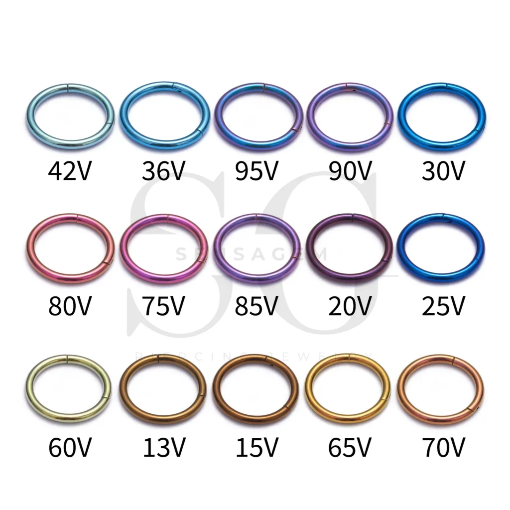 Compreendendo o processo de anodização de jóias de piercing: Titanium vs.. Aço inoxidávell1vroxo Anodized titanium color chart showing 12 labeled color samples including gold, blue, purple, green, fuchsia, and rainbow finishes.