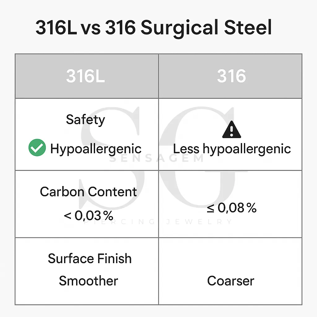 316 & 316L Piercing smykker: Hvorfor kirurgisk stål er det bedste valg 4 Infographic comparing 316L vs 316 surgical steel in terms of safety, carbon content, and skin compatibility