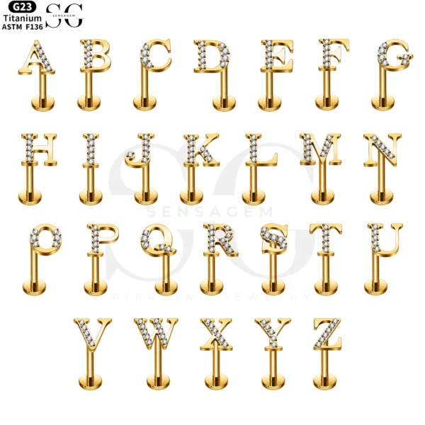 SG3096 G23 Titanium Letter Nose Rings with Zircon – Stylish Initial Piercing Jewelry - Image 2