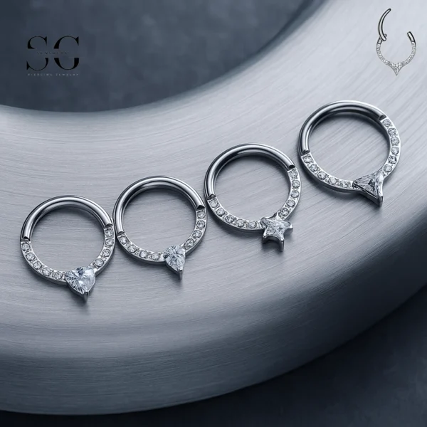 SG3175 - ASTM F136 Titanium Nose Ring with 4 Zircon Shapes Wholesale