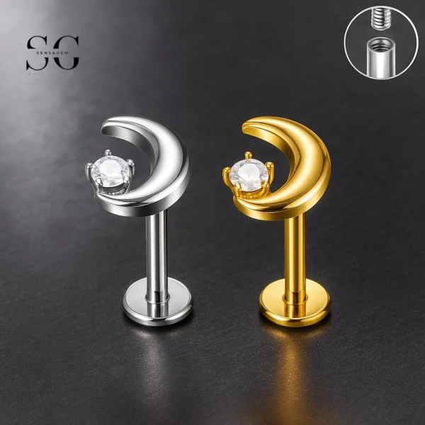 SG4012 - ASTM F136 Titanium Threaded Labret with White Zircon Crescent Design Wholesale