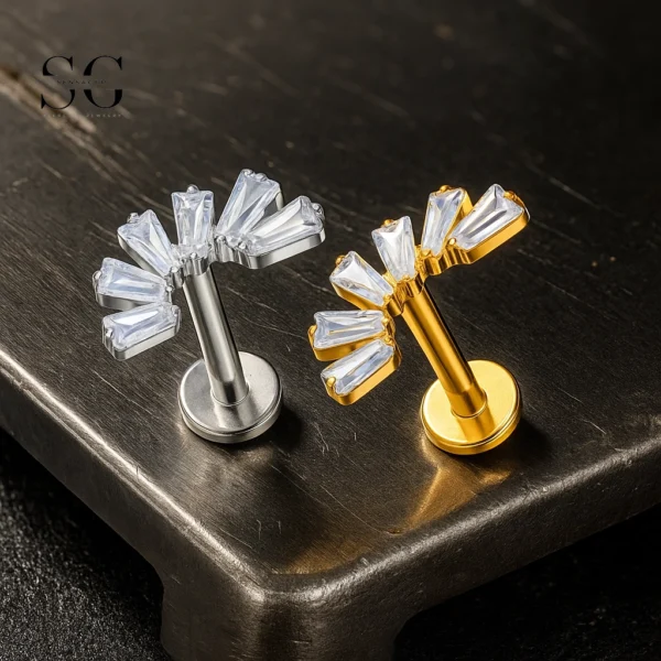 SG4013 Wholesale Body Piercing Jewelry – F136 Titanium Threaded Labret with Six Square Zircon Stones