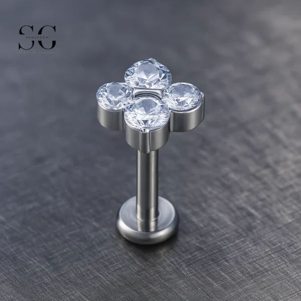 SG4014 F136 Titanium Threaded Labrets – Implant-Grade Piercing Jewelry with Zircon Stones