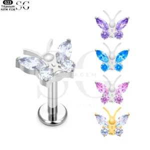 SG4029 Labret filettati in titanio F136 – Design a farfalla con zircone bianco