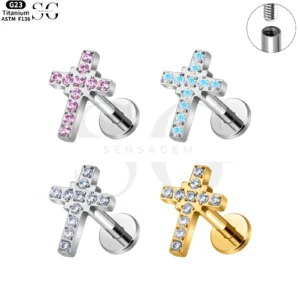 SG4113 - Labrets filetés à forme croisée avec incrustation de zircon