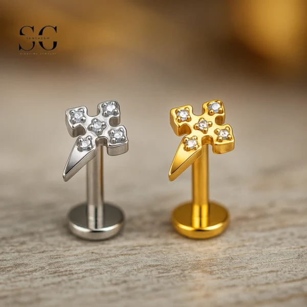 SG4136 - Cross Shape Titanium Labret with Zircon Stones