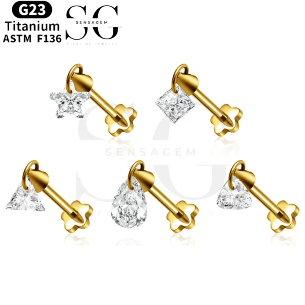 SG4152 F136 Titanium Threadless Labrets – Five Stylish Designs in Gold and Titanium Colors - Image 2