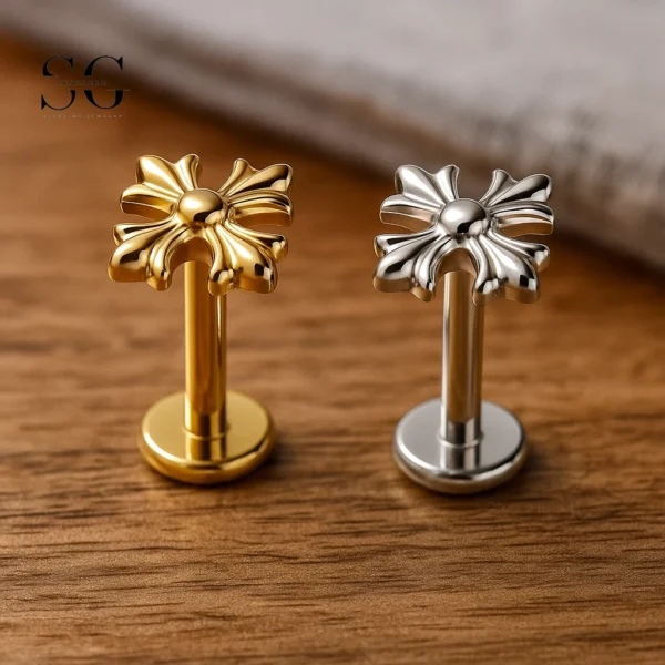 SG4174 - Patterned Cross F136 Titanium Threaded Labret for Piercings