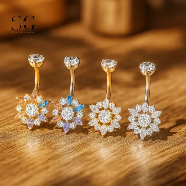 Sensagem SG6054 G23 Titanium Dangle Belly Button Ring with Starburst Zircon Cluster