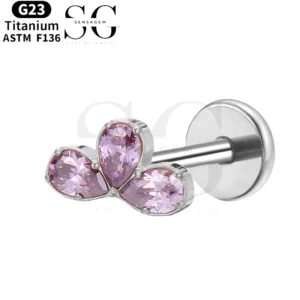 SGYS1044 Half-Plum Blossom G23 Titanium Labret with Pink Zircon Gemstone