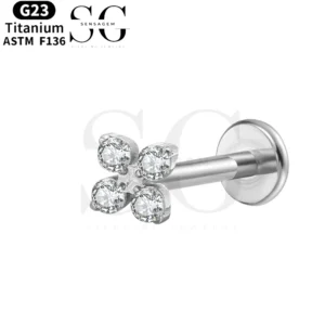 SGYS1063 Internal Thread Stud Labret – F136 Titanium with Four White Zircon Gems