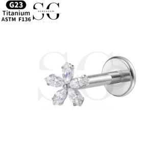 SGYS1064 Intern tråd Labret Stud - F136 Titan med fem zirkonpärlor