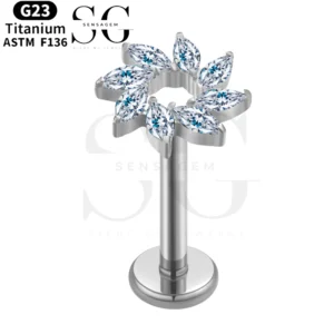 SGYS1068 Internal Thread Labret – F136 Titanium Flower Design with 8 Zircon Stones