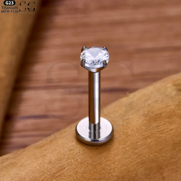SGYS1083 F136 Titanium Threadless Labrets – White Zircon Gemstone with Four-Prong Setting
