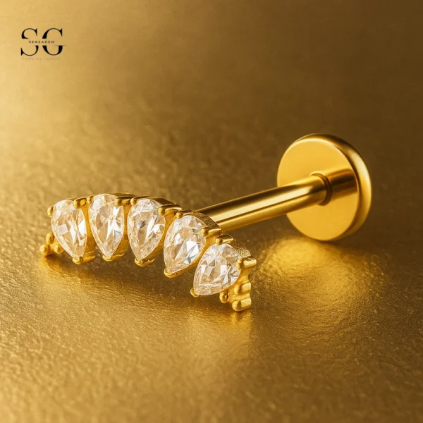 SGYS1095 Threaded Labret – F136 Titanium with Five Zircon Stones, Polished Finish