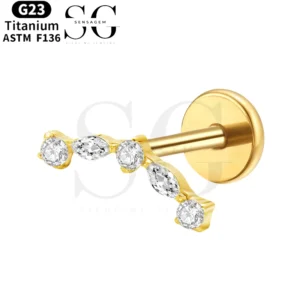 SGYS1124 – Round Zircon and Marquise Bar Lip Piercing Labret in F136 Titanium